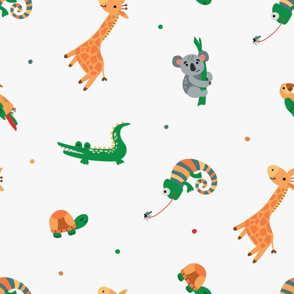 Seamless pattern with safari animals. Giraffe, crocodile, koala, turtle, parrot, newt. Design for fabric, textile, wallpaper, packaging. vector