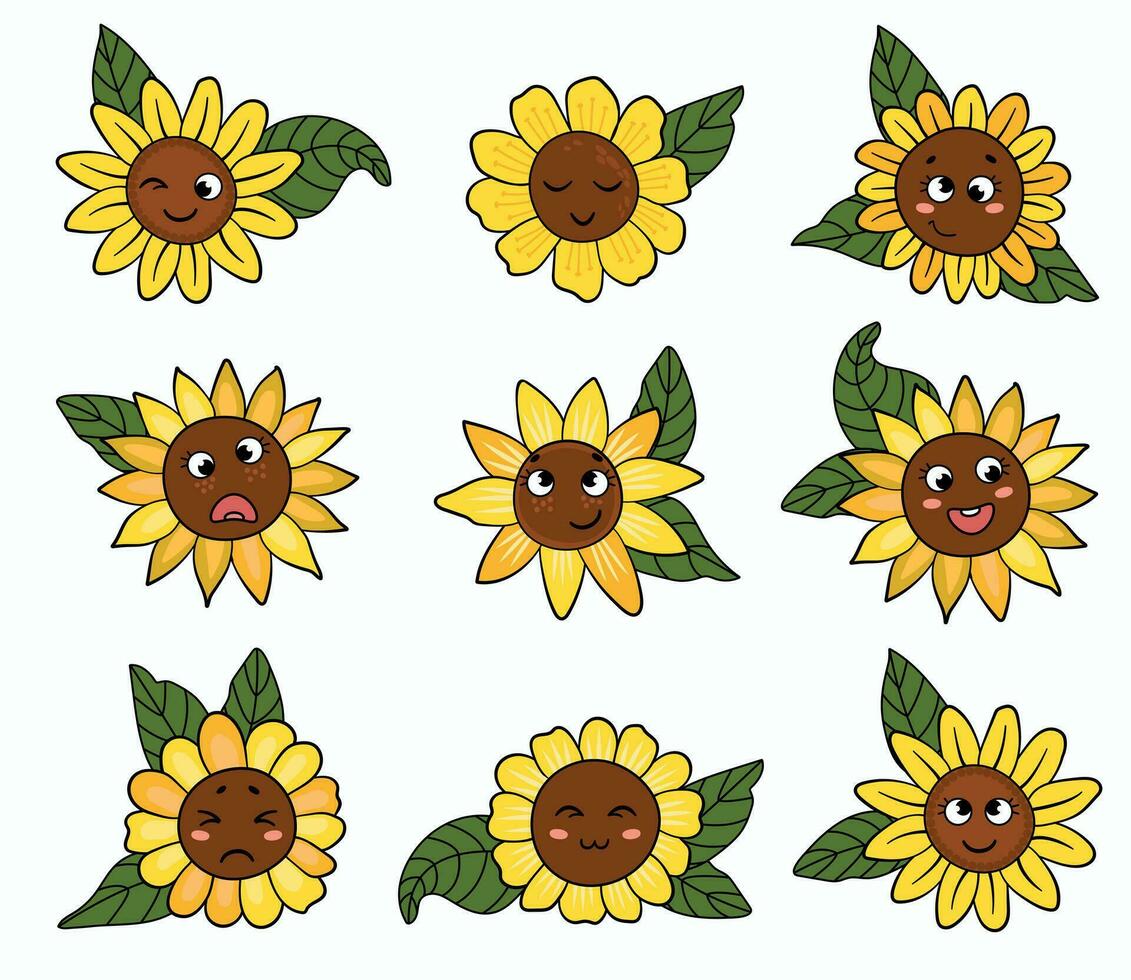 Set of sunflowers with kawaii faces. White background, isolate. vector