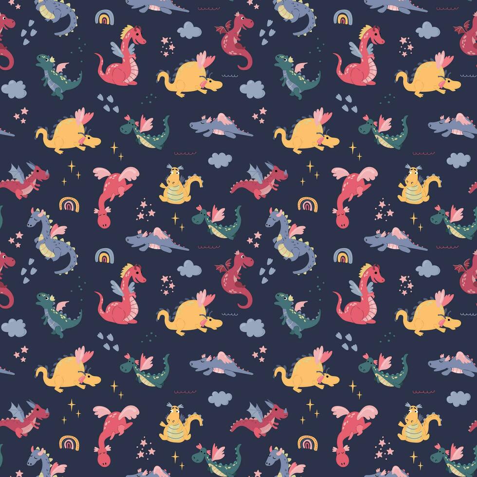 Seamless pattern with cute hand drawn dragons. Design for fabric, textile, wallpaper, packaging. vector