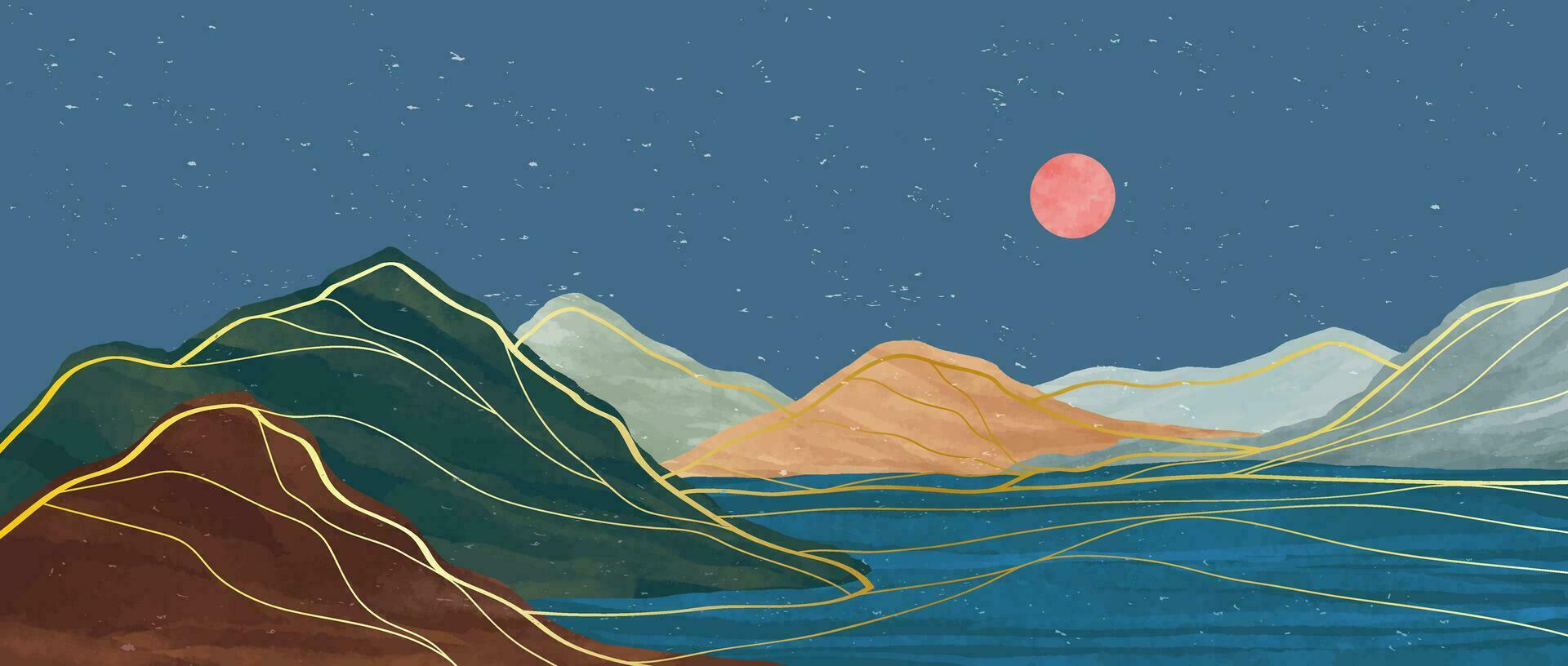 Mountain landscape watercolor painting illustration. Abstract contemporary aesthetic backgrounds landscapes. with mountains, hill and sea vector