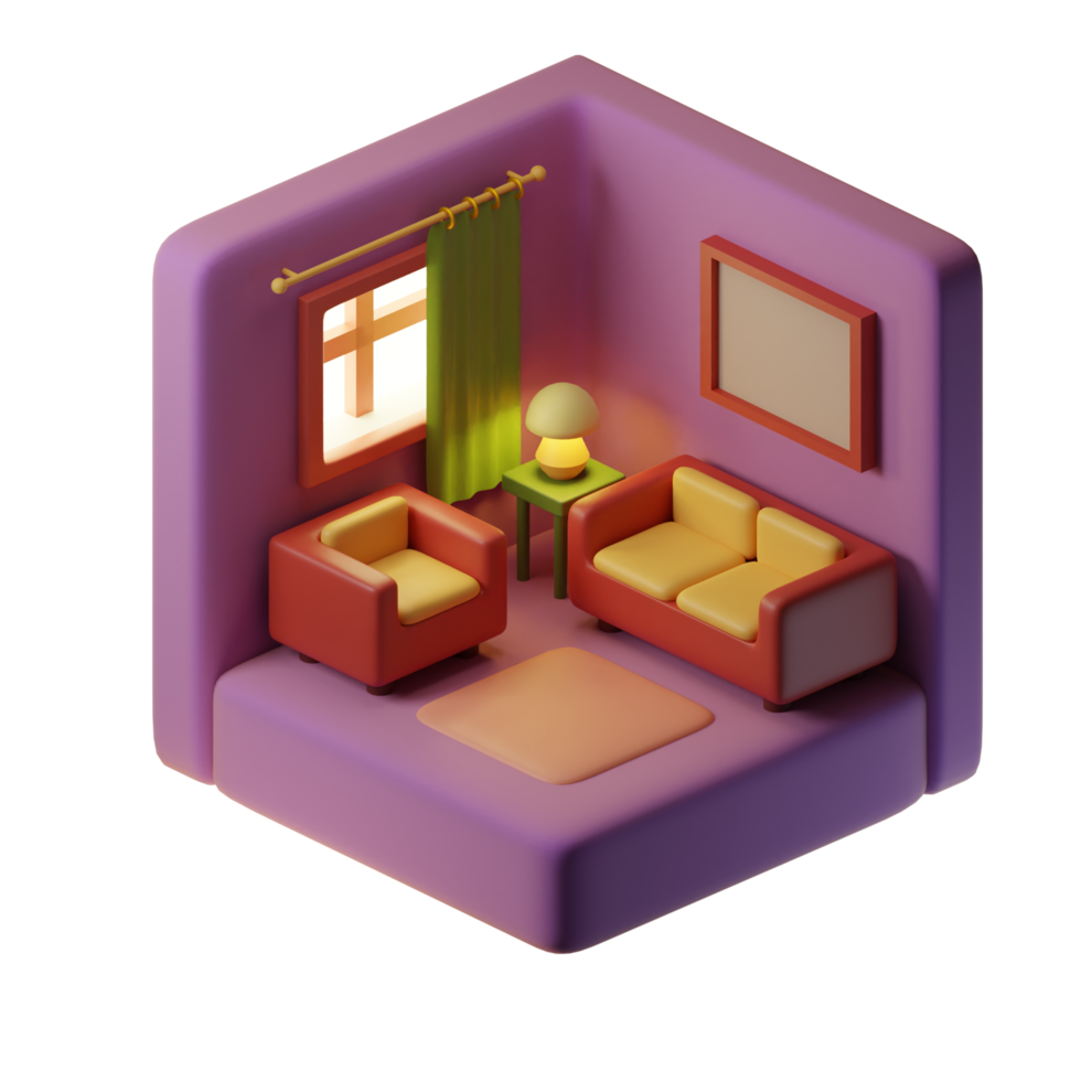 3d isométrica habitación con sofá y silla png