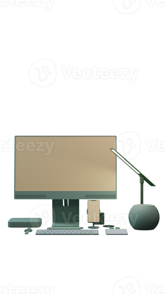 computador escrivaninha com monitor, teclado, rato e luminária png