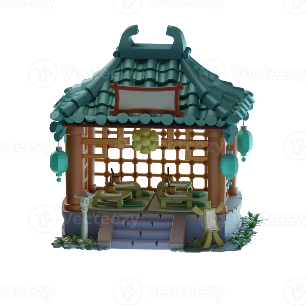 a small chinese style house with a roof and green lanterns png