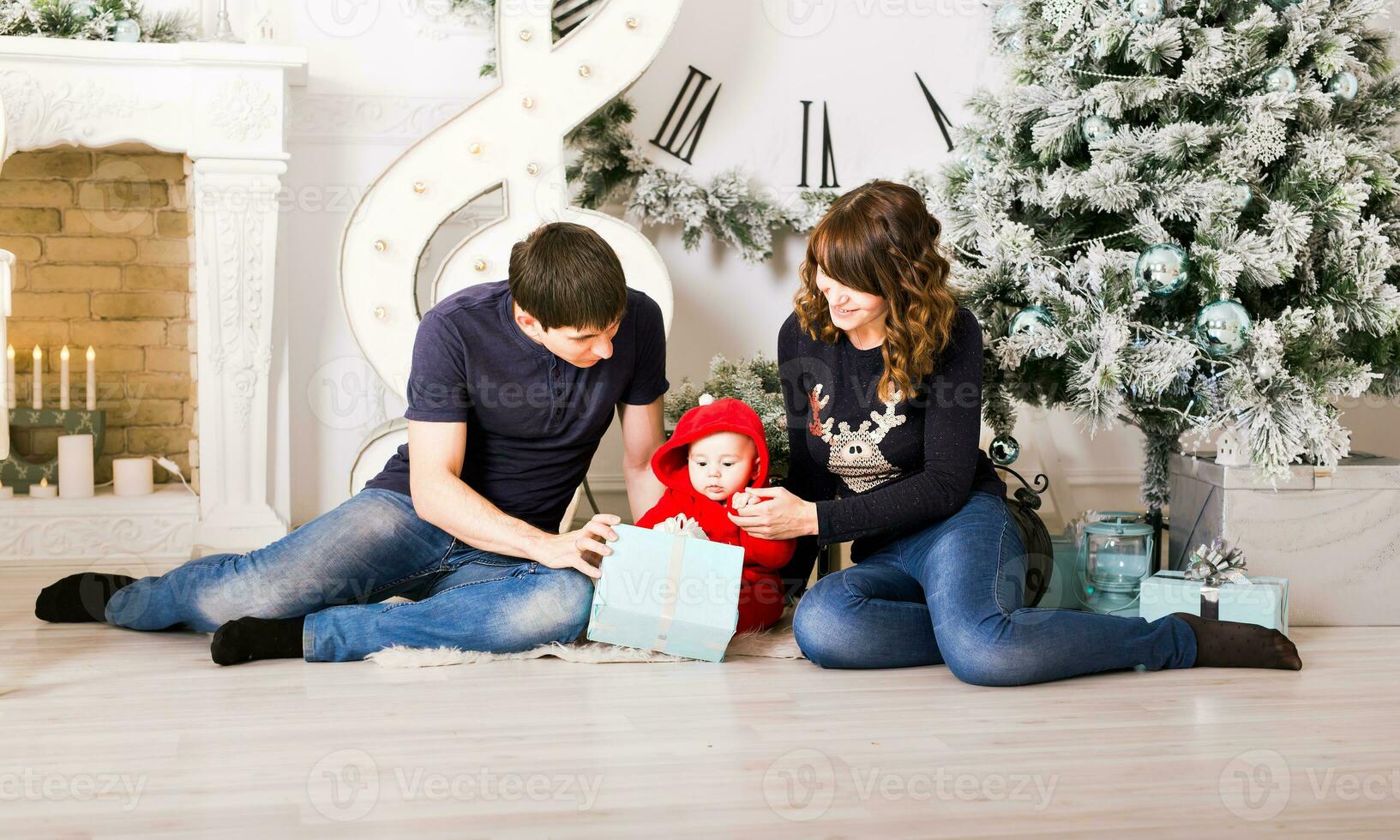 Christmas Family Portrait In Home , House Decorating By Xmas Tree photo