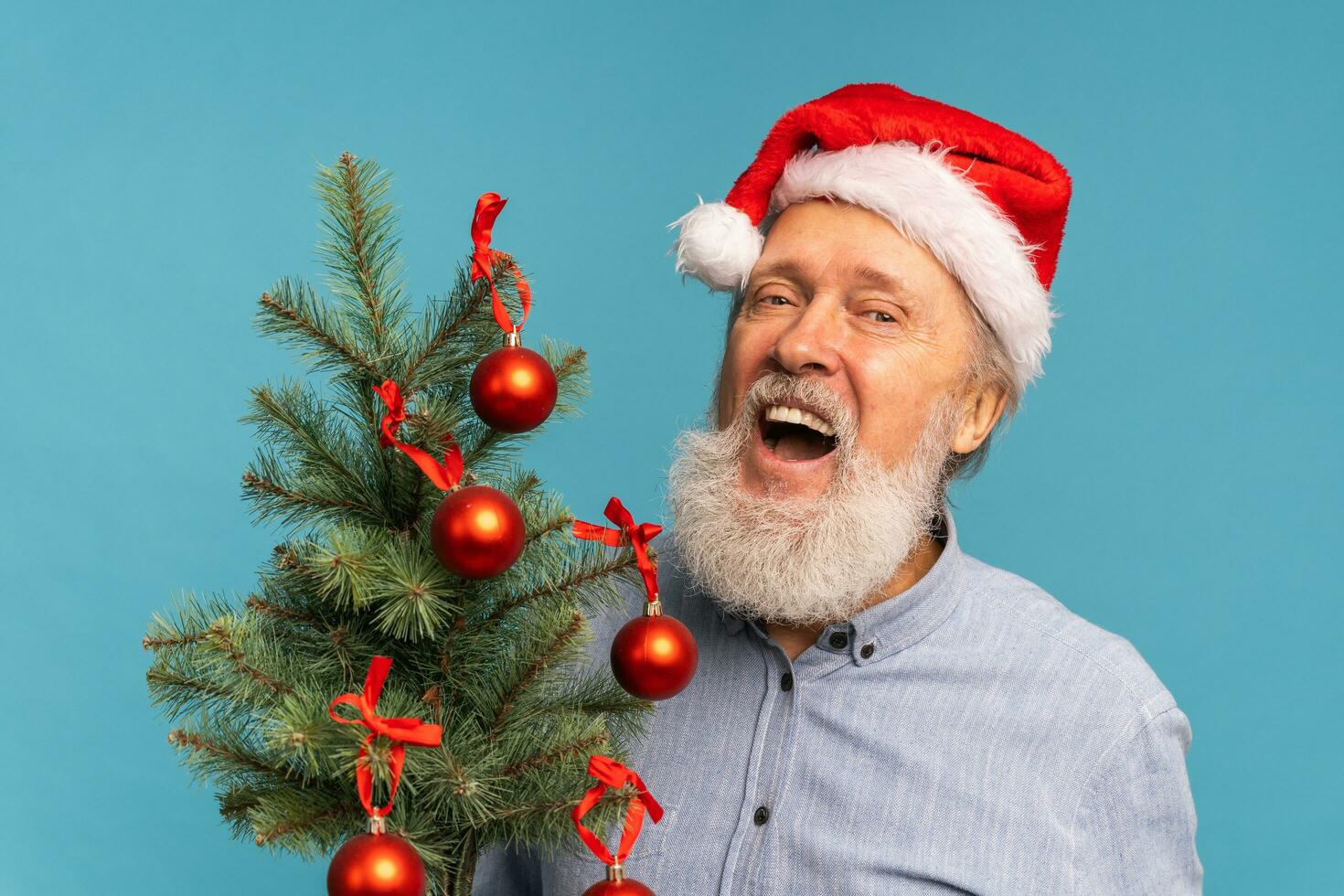 Portrait of happy crazy emotions Santa Claus excited looking at camera and holds small christmas tree on blue background photo