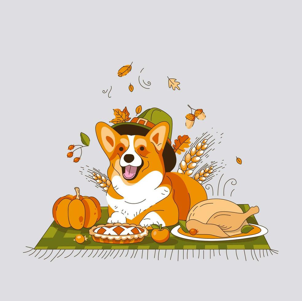 A Corgi Dog in a Hat is lying on a Blanket. Thanksgiving Day Picnic. Vector illustration.