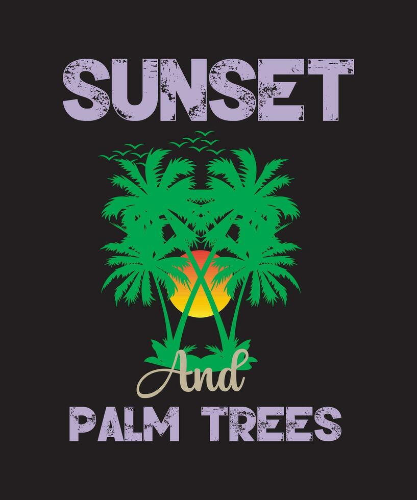 puesta de sol y palma árboles, verano diseño vector