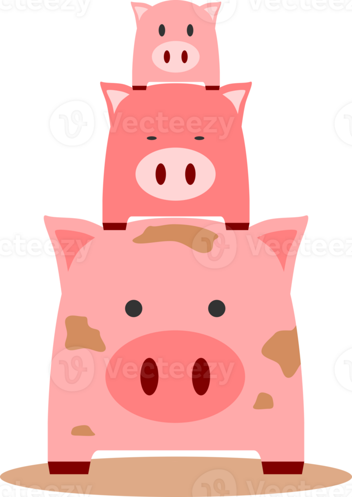 Three stack fat pink cute pig in a mud pond cartoon PNG