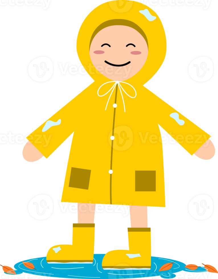 Cute kid wearing yellow raincoat and boots walking in puddle water rain rainy season cartoon PNG