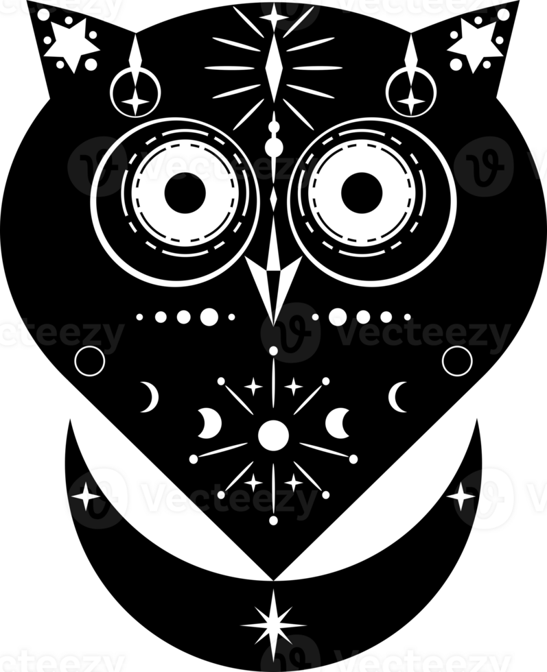 Black owl mystic witch magic with moon phases and stars boho png