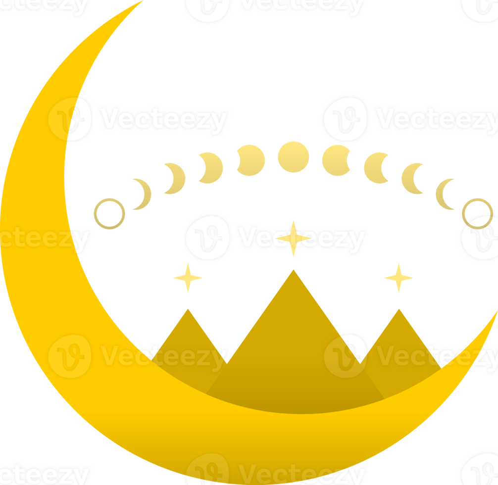 Pyramid triangle on yellow crescent moon with moon different phases or lunar phases mysterious astrology magic boho png