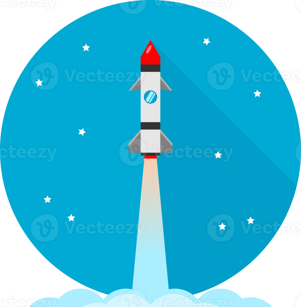 Cute blue spaceship rocket launch take-off with fire smoke cartoon png