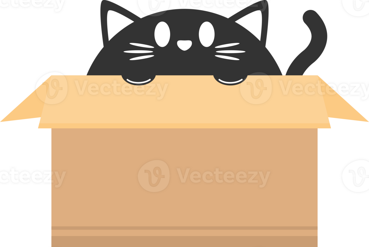 cute black cat in paper crate box funny cartoon character png