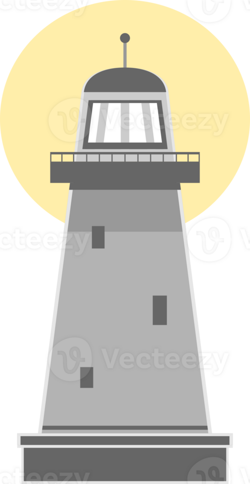 Lighthouse tower with beacon ray lighting in sea at night png