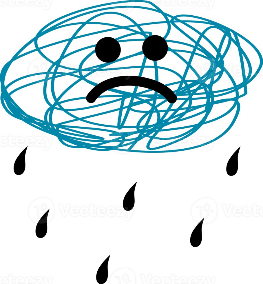 Blue cloud sad face depression with black drop rain png