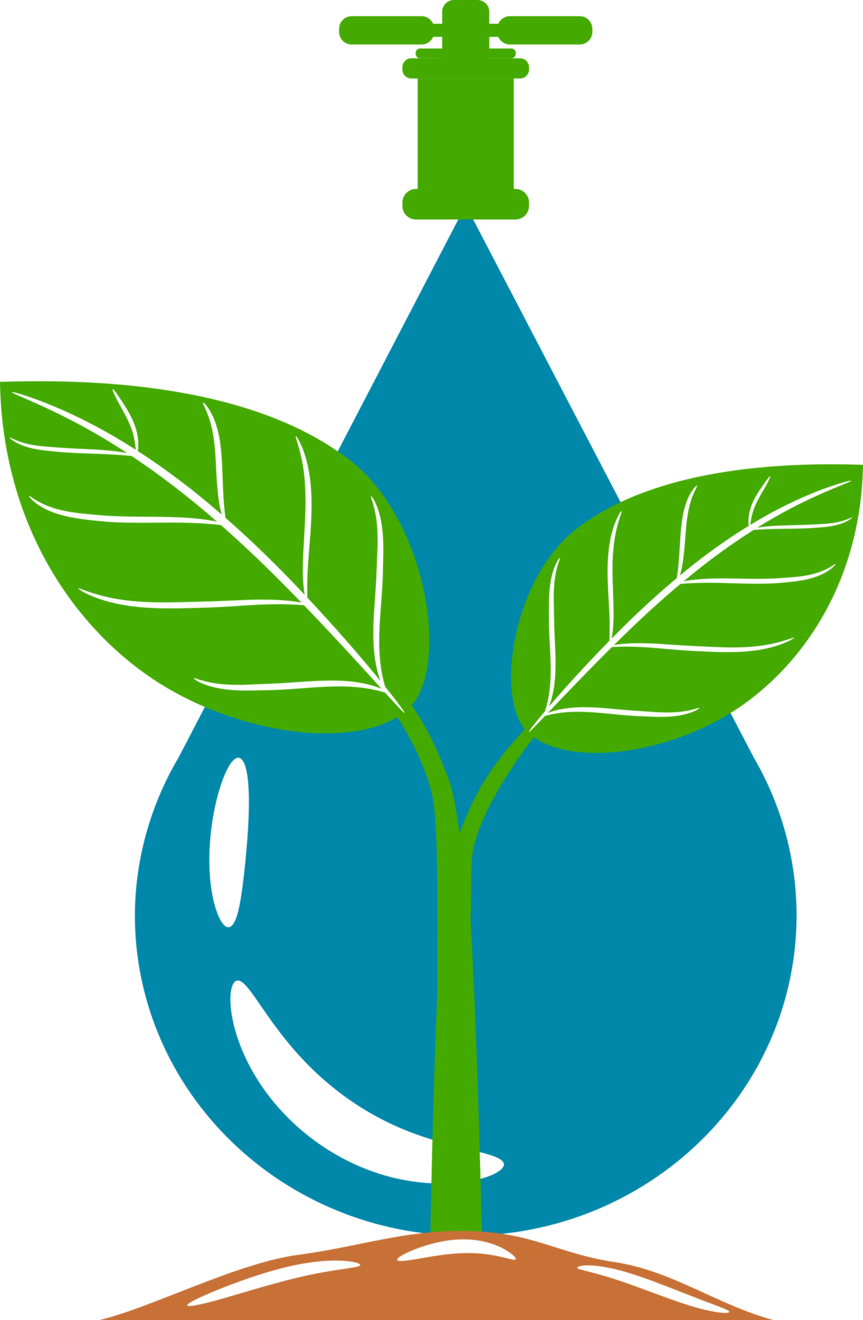 Water dripping from tap faucet to seeding tree white icon on blue