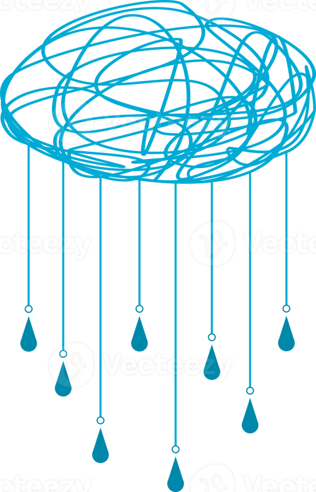carino blu groviglio nube con linea sospeso acqua pioggia far cadere scarabocchio png