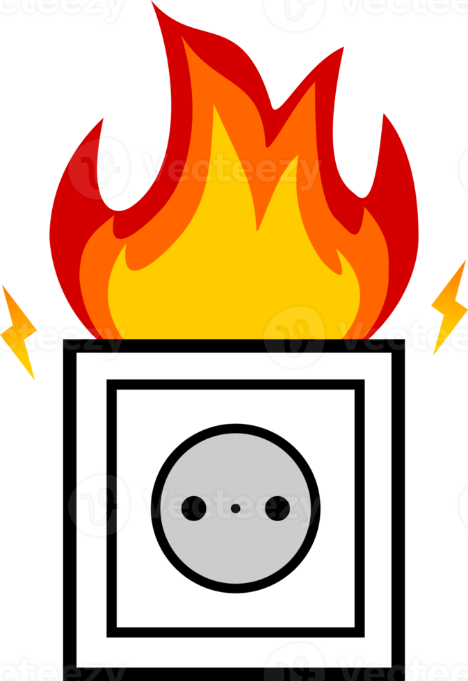 Socket outlet plug electric short circuit overload electricity current with fire and bolt sparks png