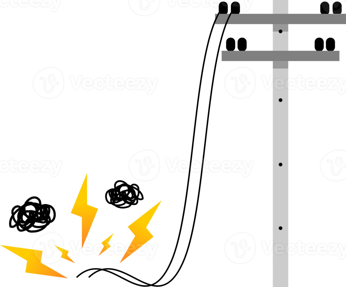 Broken electric wire of high voltage pole is damaged and short circuit spark smoke cause danger electrocution risk png