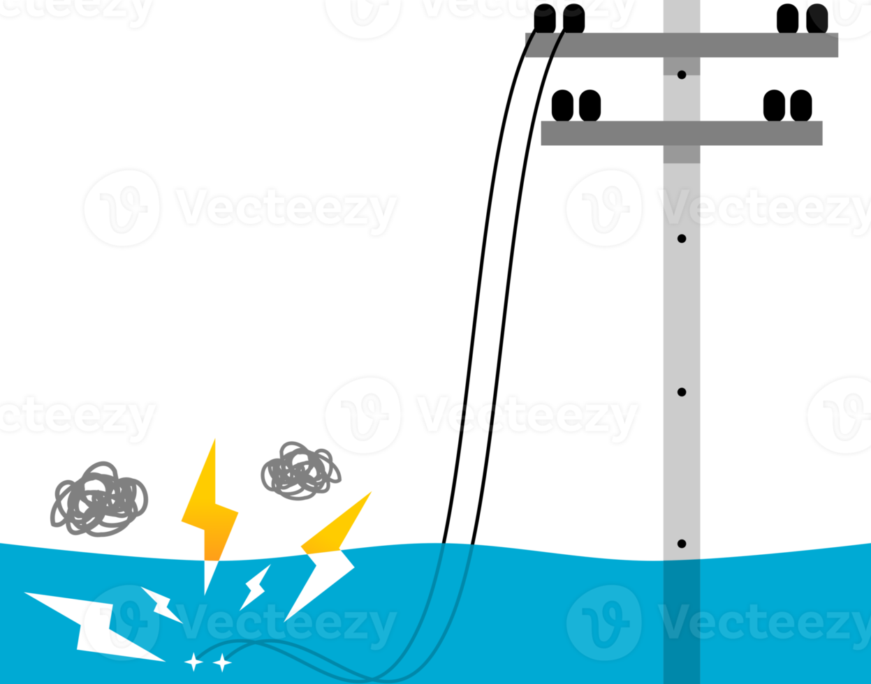 Electric wire of high voltage electric pole broken damaged and short circuit spark electricity current to water flood cause danger electrocution risk png