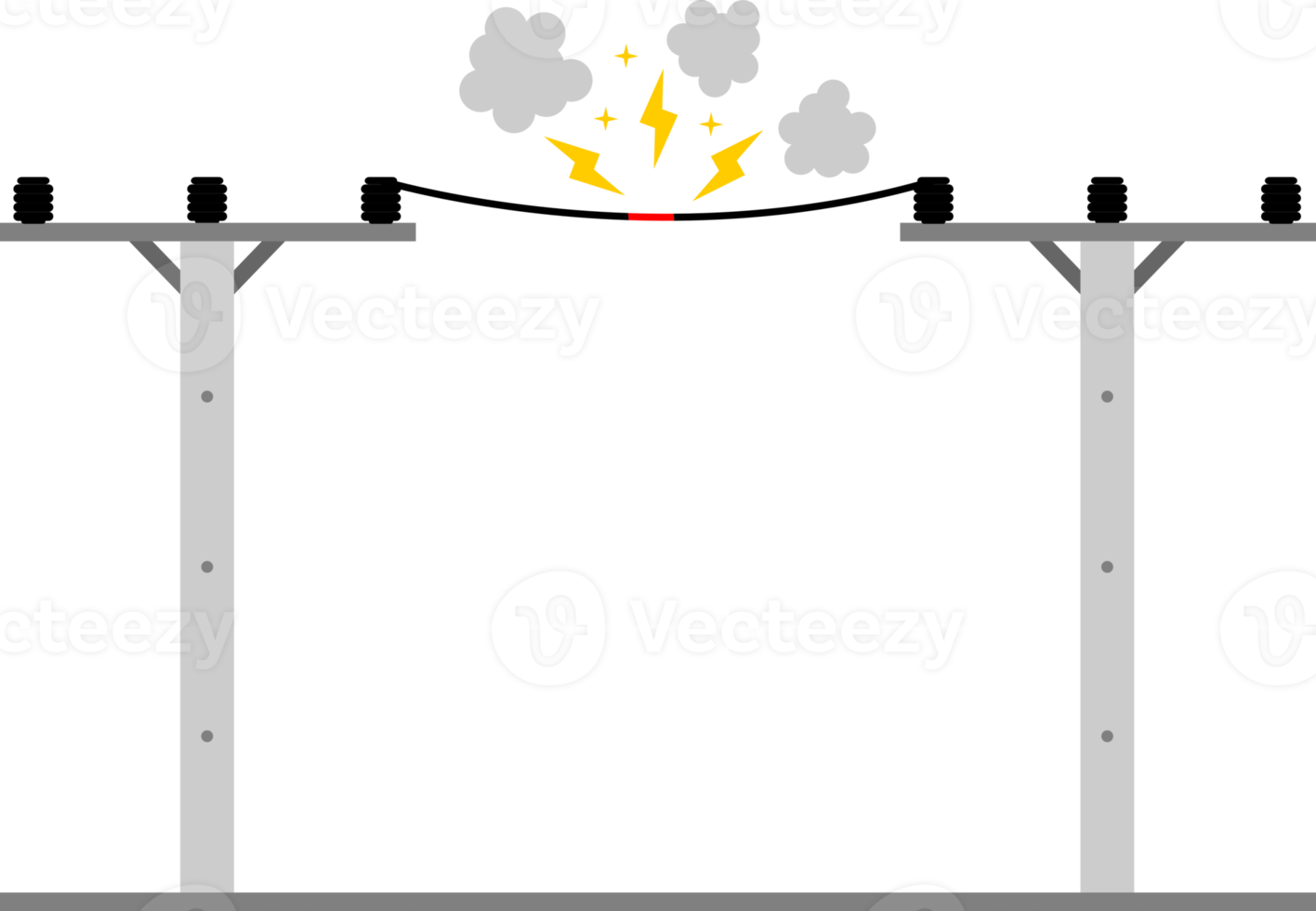 Broken electric wire of high voltage pole is damaged and short circuit spark smoke cause danger electrocution risk png