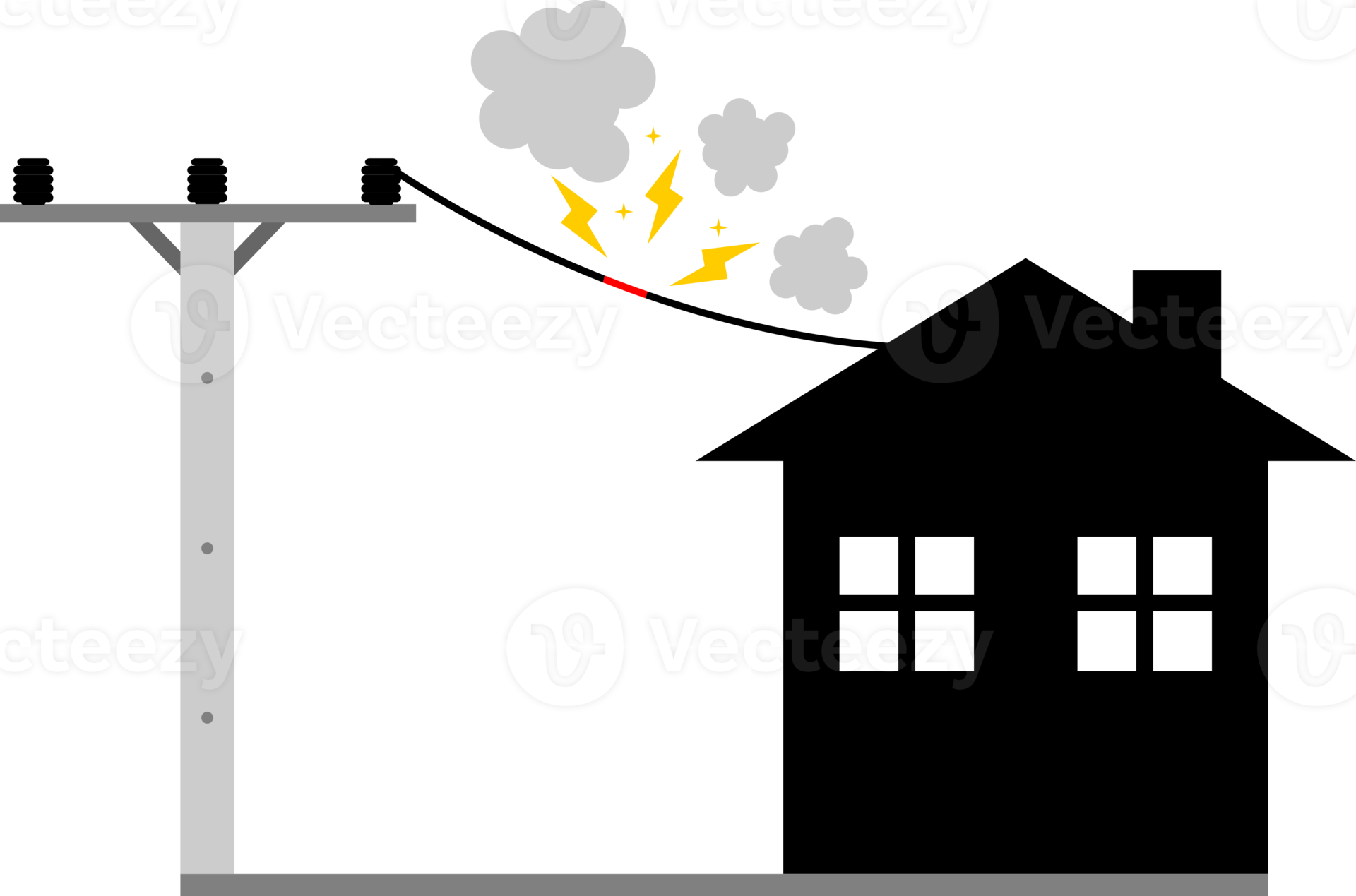 Broken electric wire of high voltage pole is damaged and short circuit spark smoke cause danger