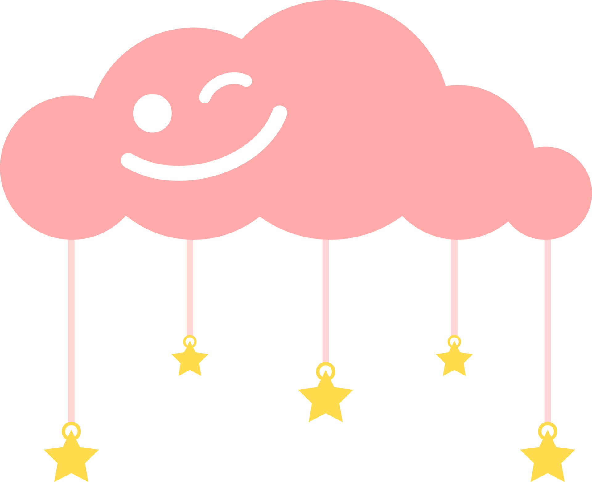 Cute blue clouds smile rainbow with line hanging stars concept good ...