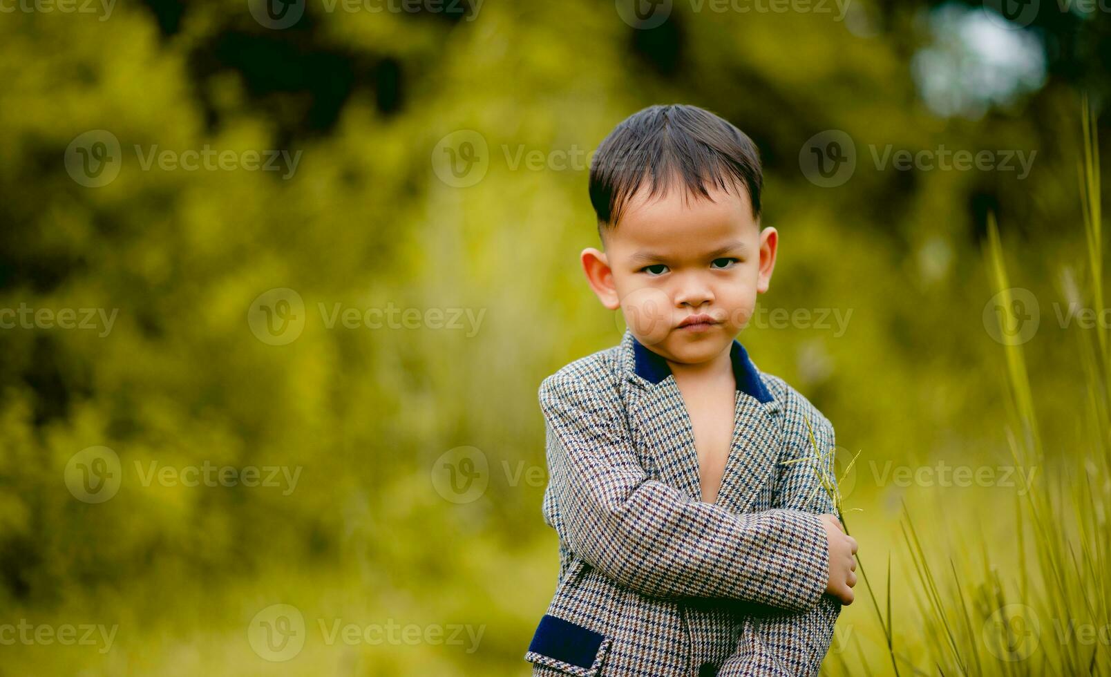 cute little boy A well-dressed boy in a suit in a backyard with a lawn and looking for something interesting. photo