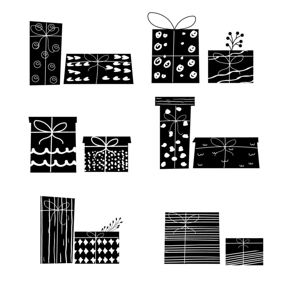 Set of gift box hand drawn black and white silhouette vector