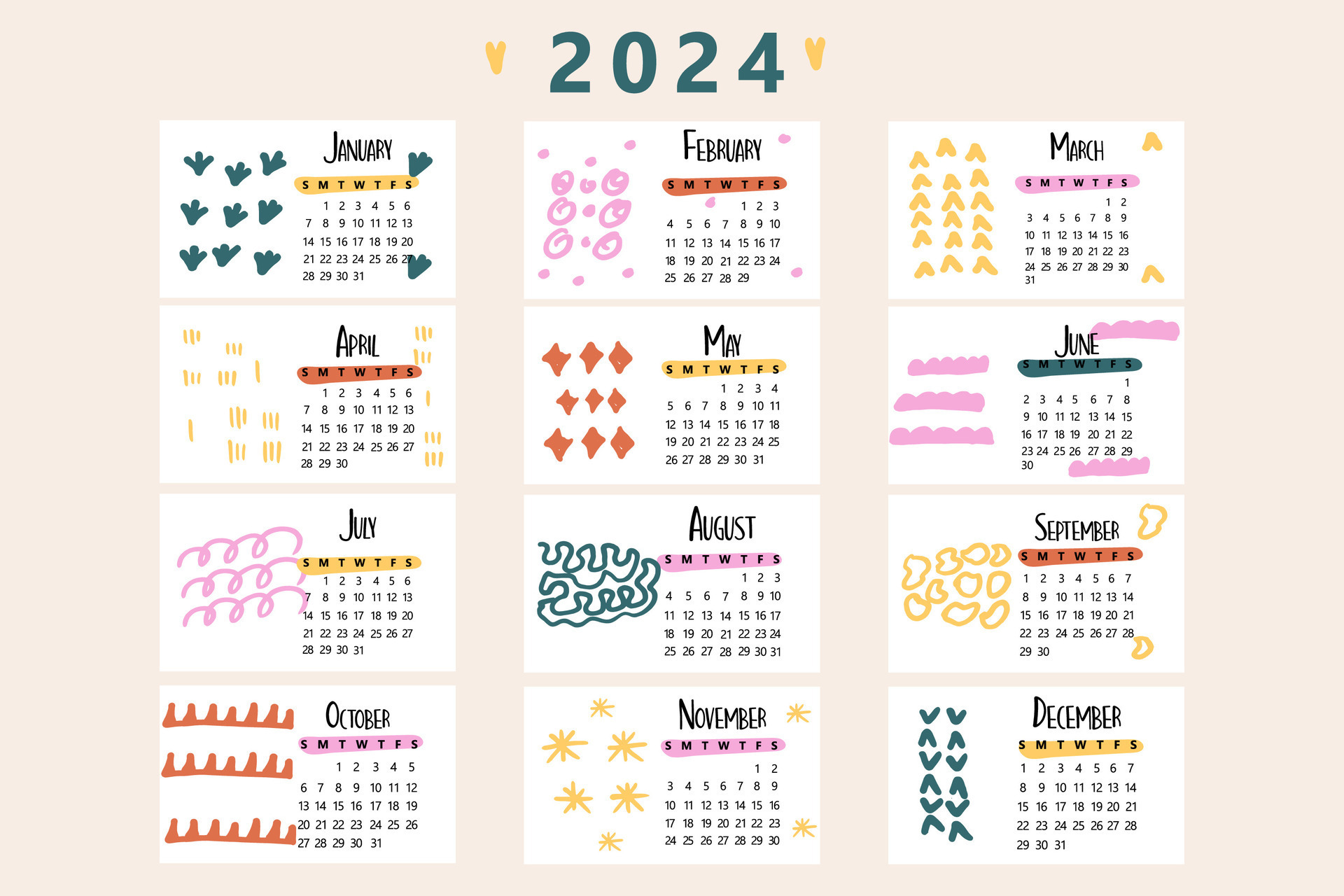 Vertical calendar for 2024 in hand drawn style. Minimal style new year  27388978 Vector Art at Vecteezy