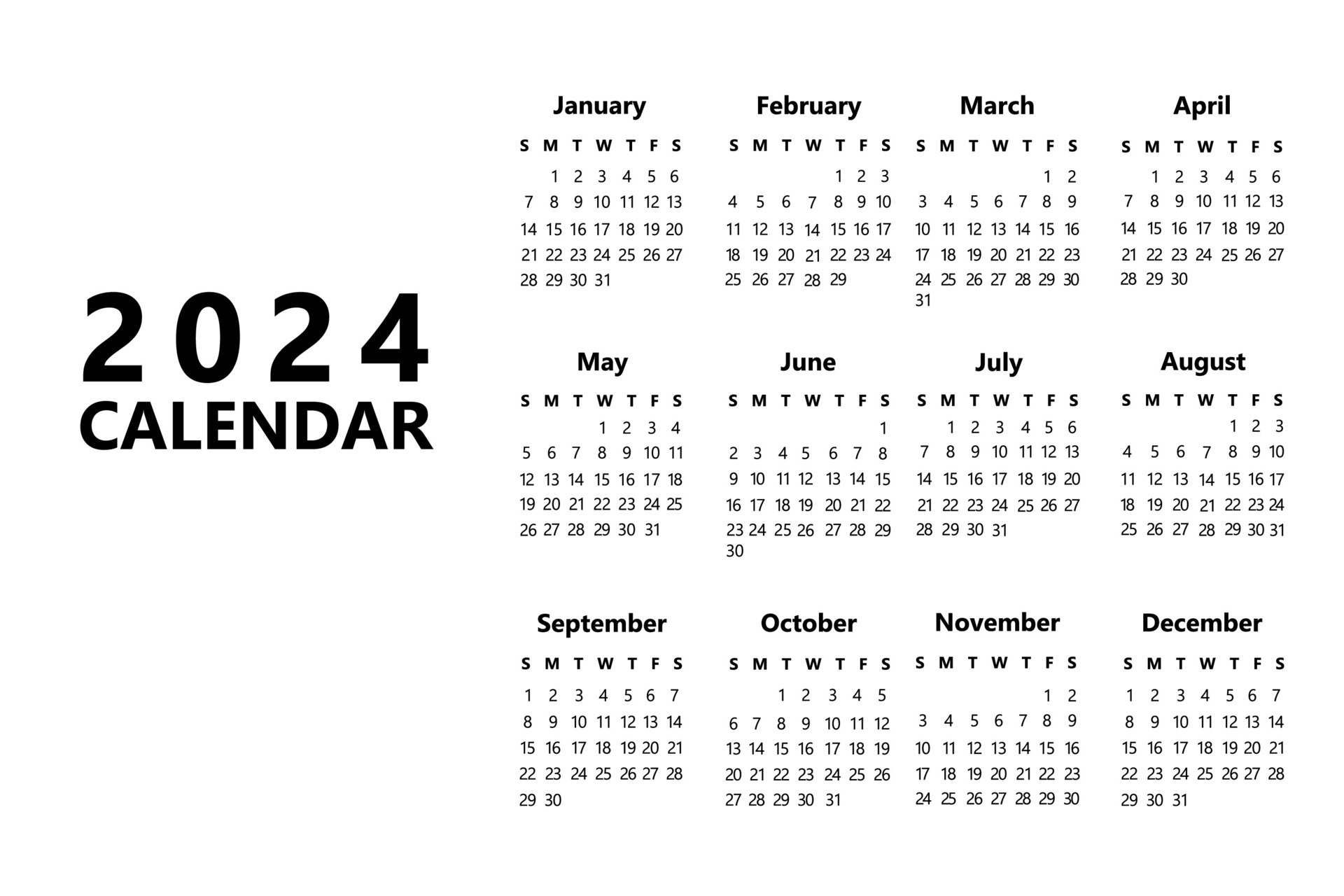 Vertical calendar for 2024 in black and white. Minimal style new year