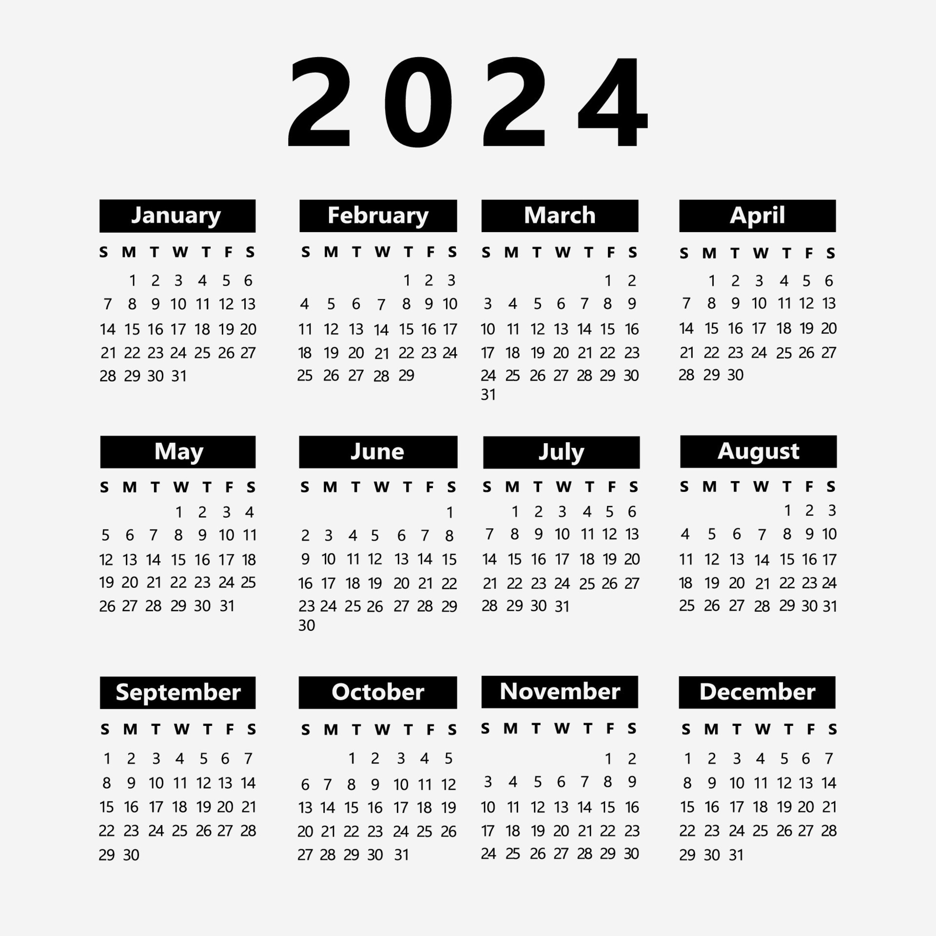 calendario para 2024 en negro y blanco 27388999 Vector en Vecteezy