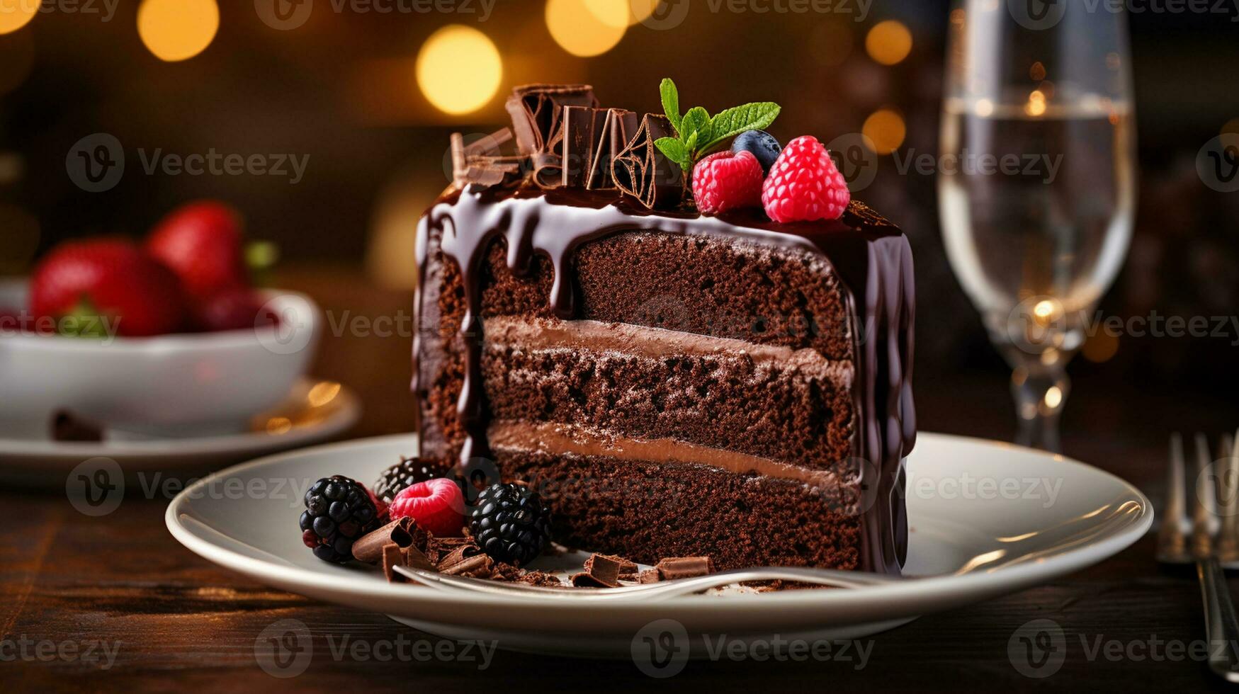 A slice chocolate cake adorned with luscious ganache, fresh berries, and a dusting of cocoa powder. Generative AI photo