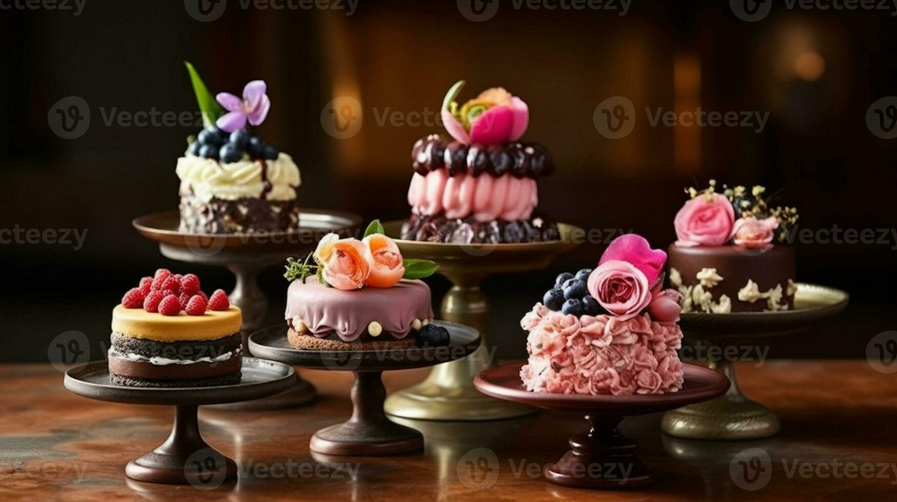 miniatura chocolate pasteles, decorado con comestible flores generativo ai foto