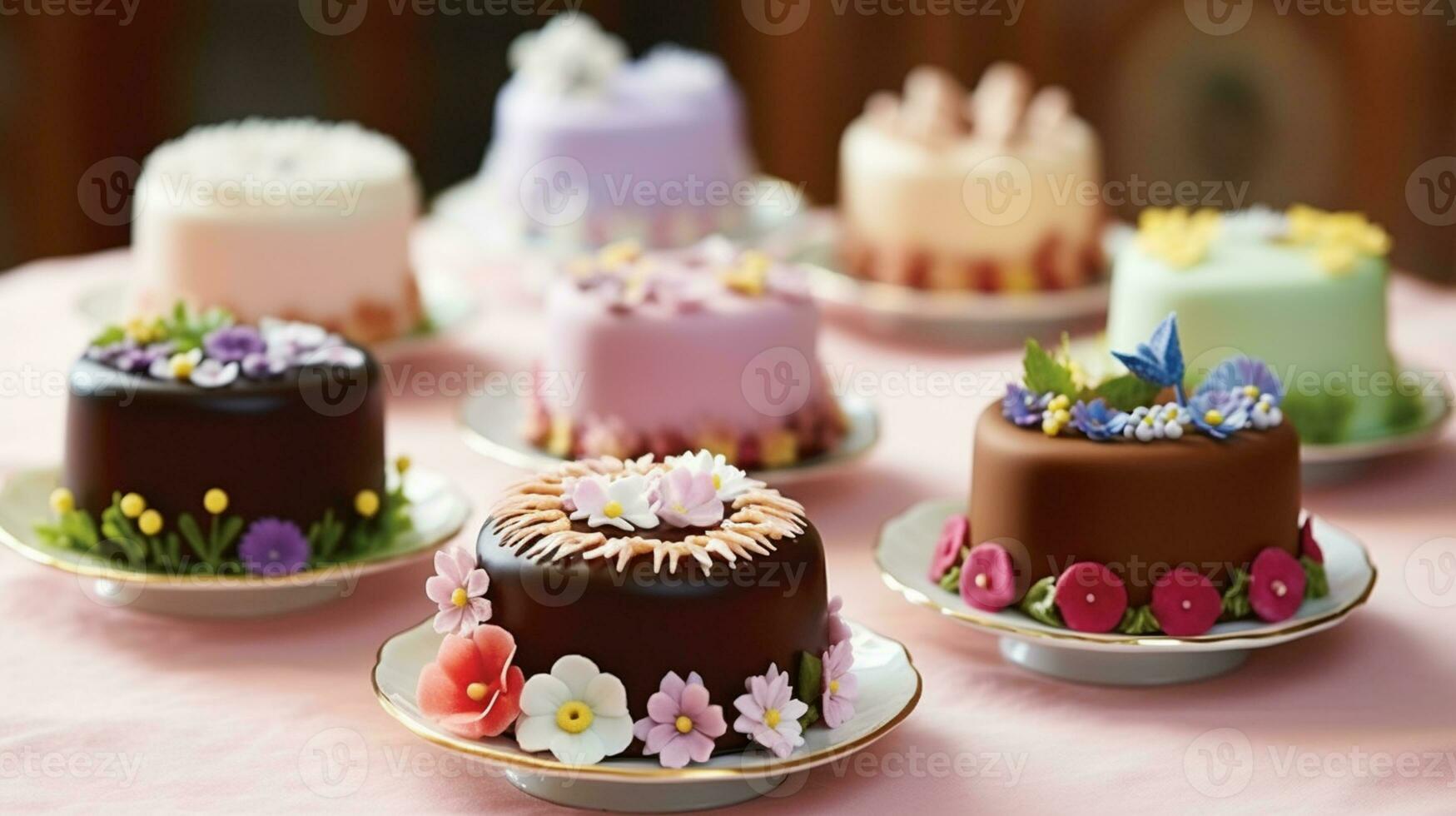 miniatura chocolate pasteles, decorado con comestible flores generativo ai foto