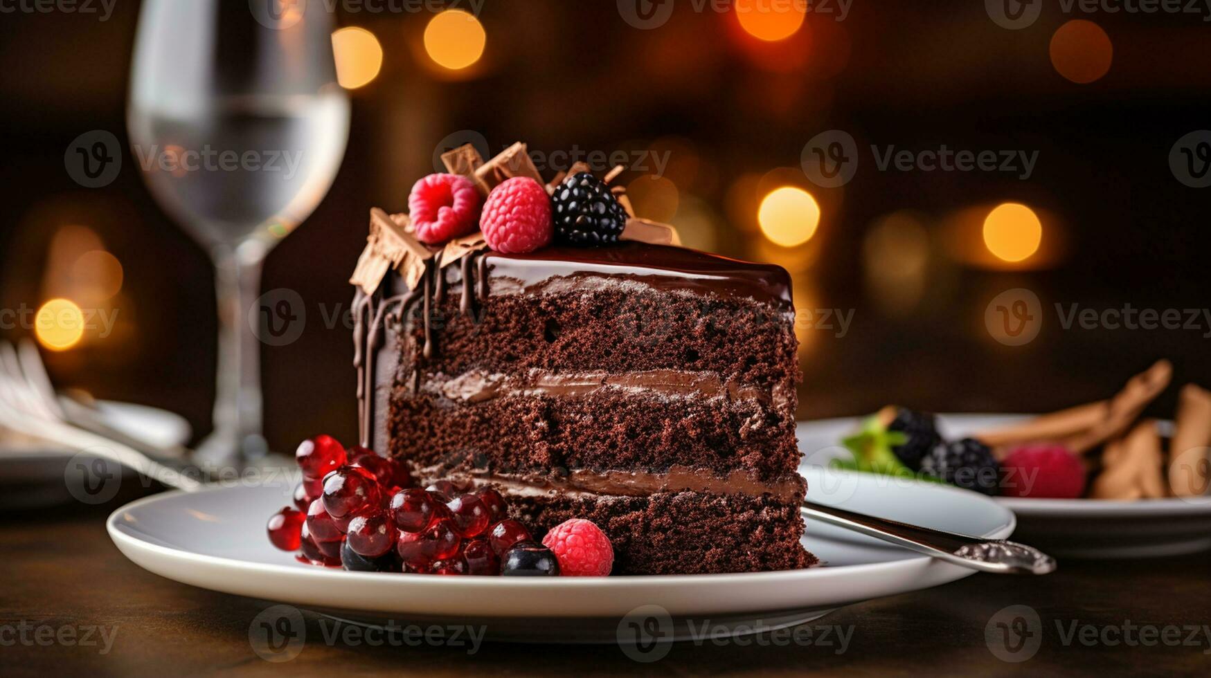 un rebanada chocolate pastel adornado con delicioso ganache, Fresco bayas, y un limpiar el polvo de cacao polvo. generativo ai foto