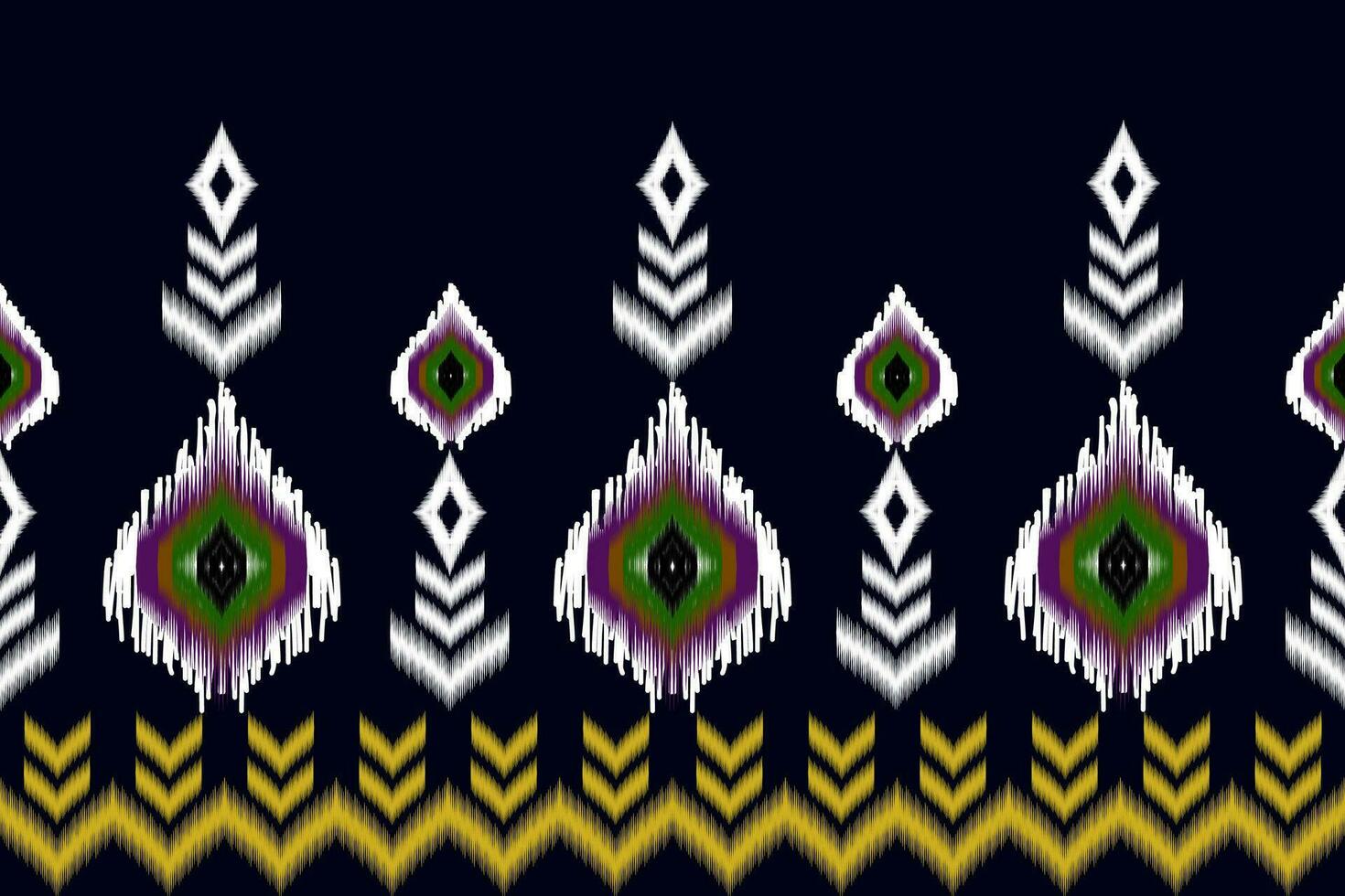 Ikat geometric folk ornament. Design for black background, rug, wallpaper, clothing, wrap, batik, fabric, vector illustration. Embroidery style.