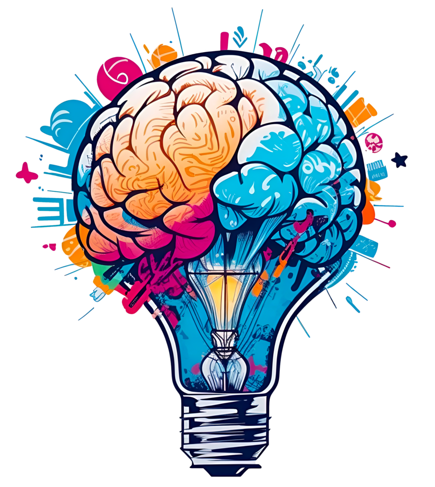 Graffiti Lamp bulb with human brain inside. Idea generation, brainstorm concept. AI Generative png
