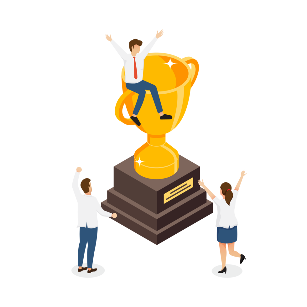 People Characters standing near Gold Cup and Celebrating Victory. Happy Woman and Man Successfully Achieve Reward. Winners and Prize. Business Goal Success. Isometric png