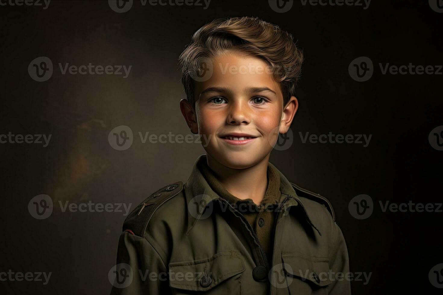 retrato de un linda pequeño chico en militar uniforme en oscuro antecedentes ai generado foto