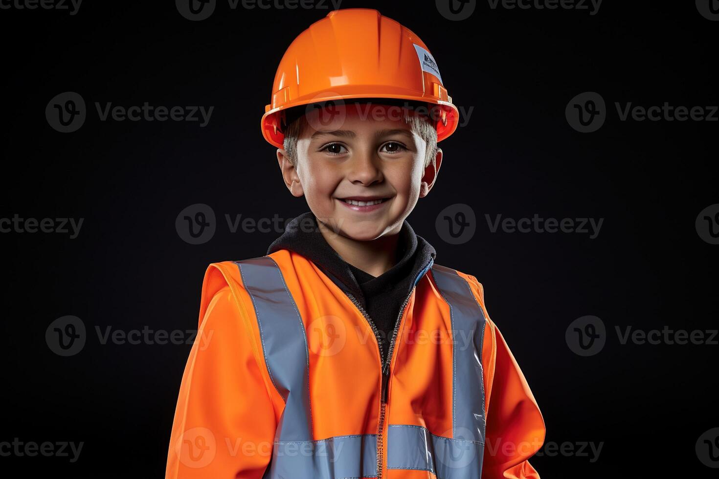 retrato de un linda pequeño chico en un construcción casco ai generado foto