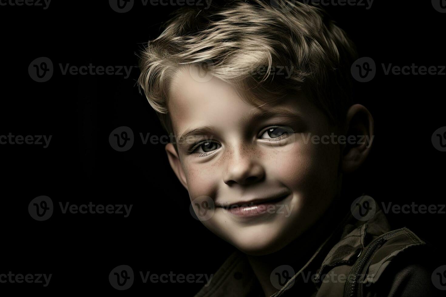 retrato de un linda pequeño chico en militar uniforme en oscuro antecedentes ai generado foto