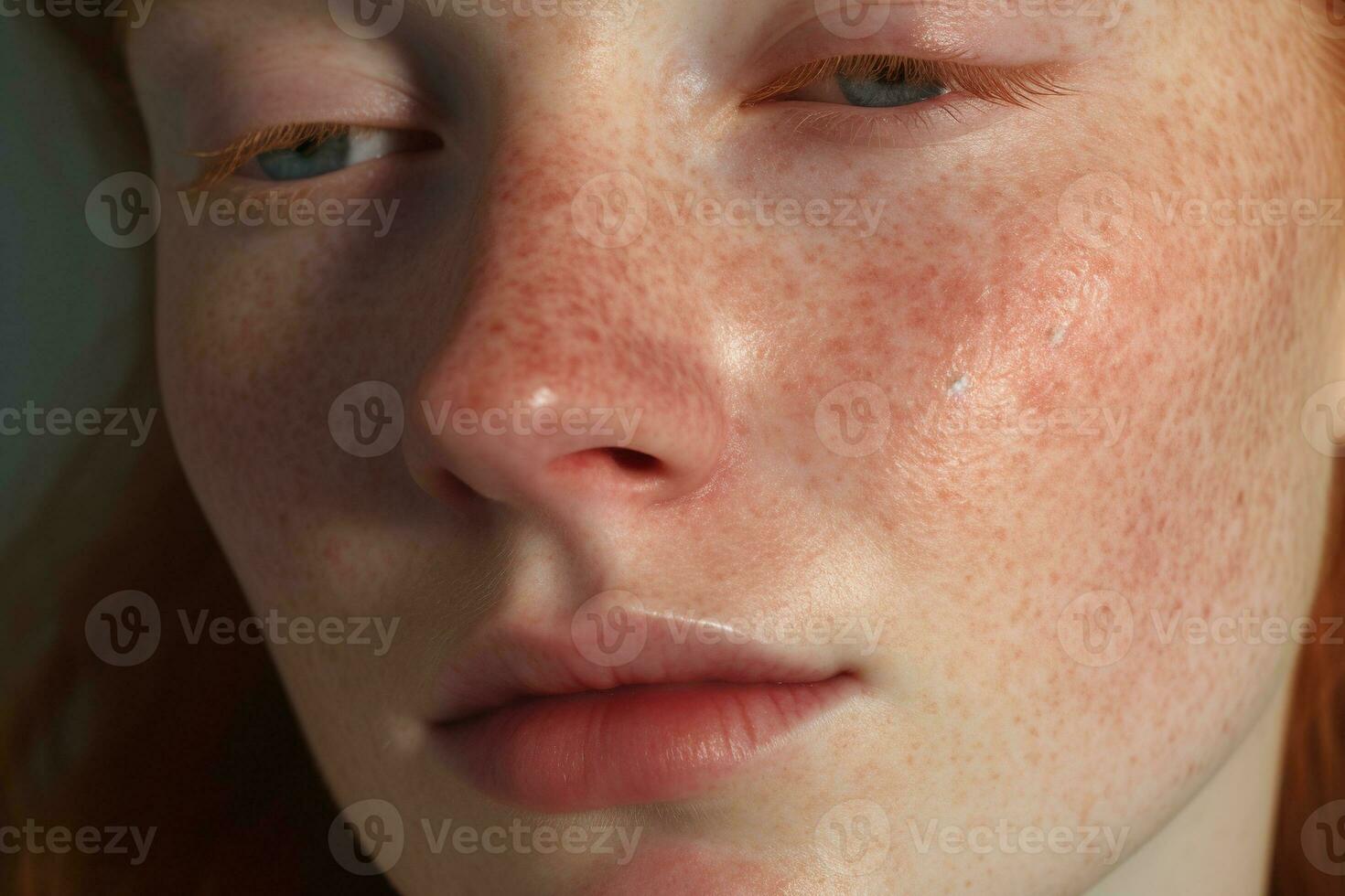 a close up of a woman with freckles,rosacea couperose redness skin AI generated photo