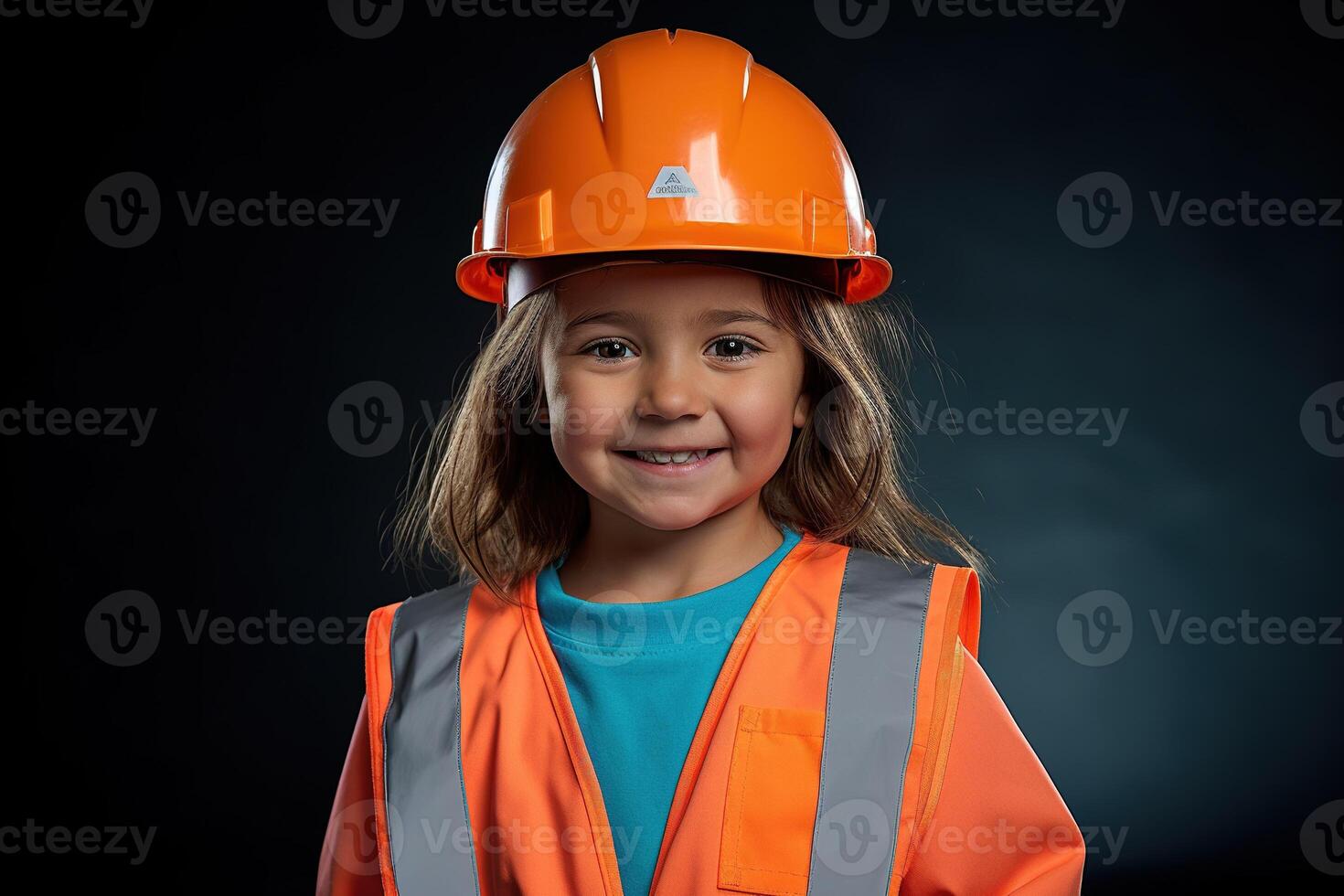 retrato de un sonriente pequeño niña en un construcción casco ai generado foto