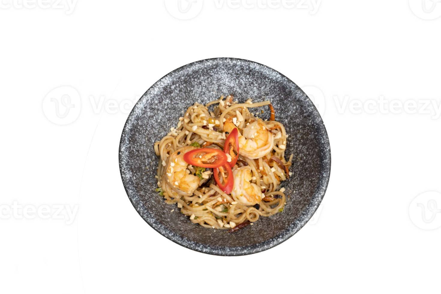 Udon noodles with shrimp and fried vegetables in a bowl top view on transparent background. PNG. png