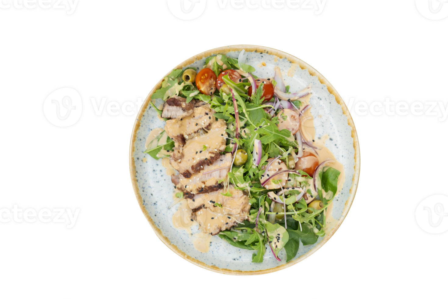 A plate with veal meat on greens with vegetables and olives under nut sauce on a wooden table top view. PNG, isolated on transparent background. png