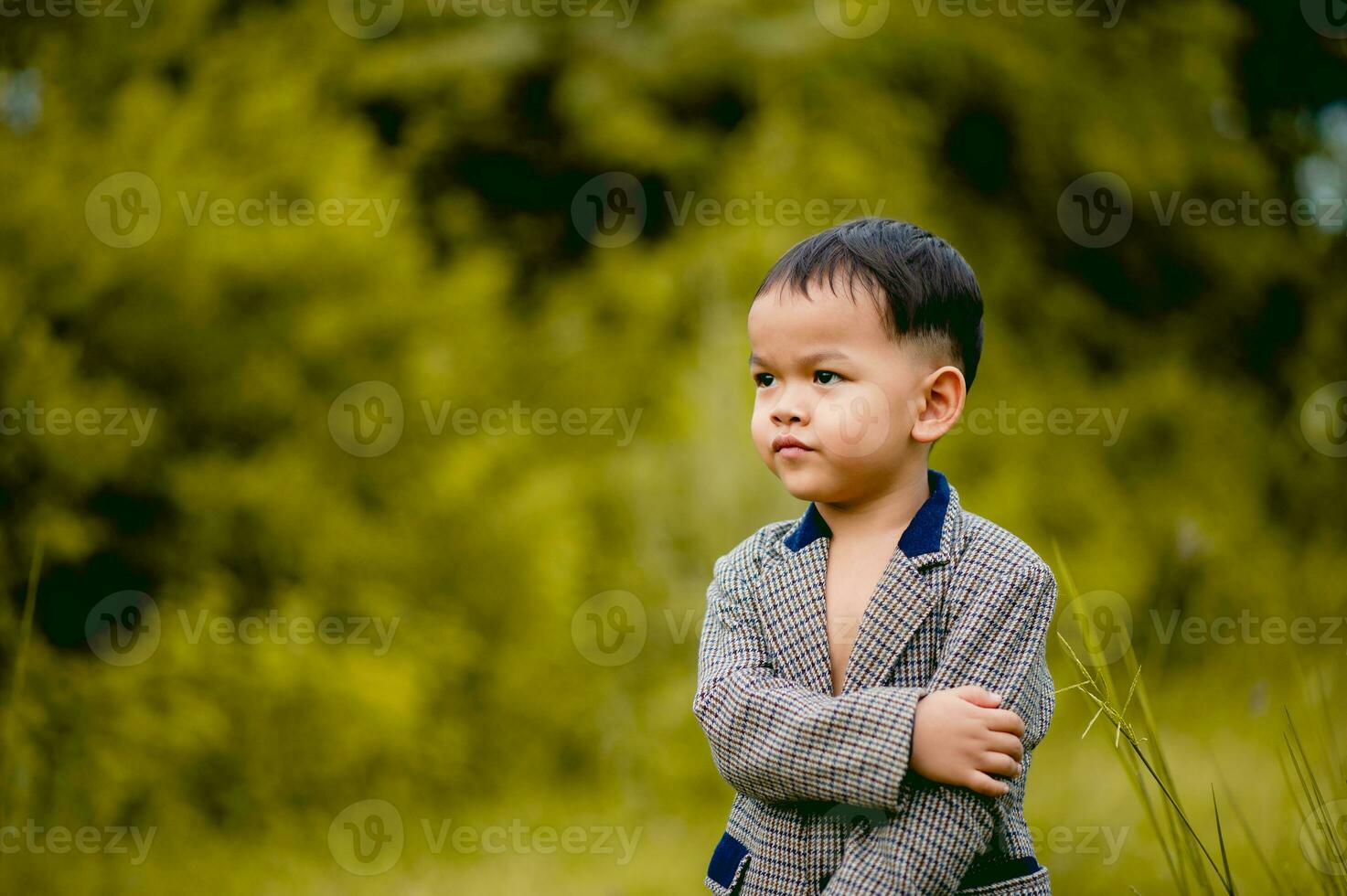 cute little boy A well-dressed boy in a suit in a backyard with a lawn and looking for something interesting. photo