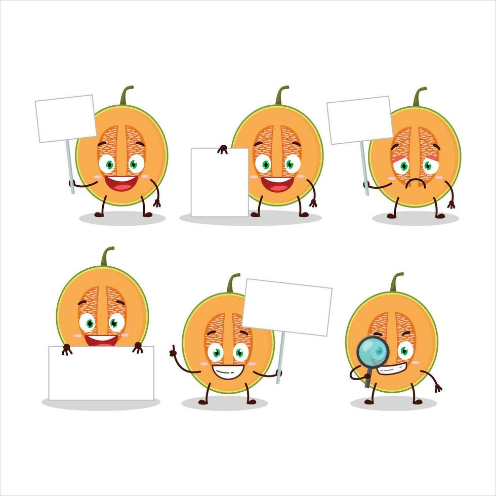 Slice of melon cartoon character bring information board vector