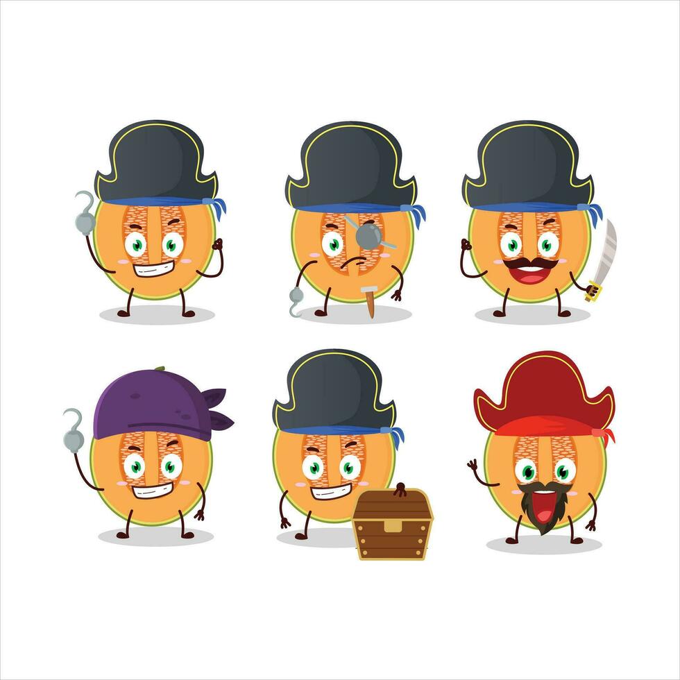 Cartoon character of slice of melon with various pirates emoticons vector