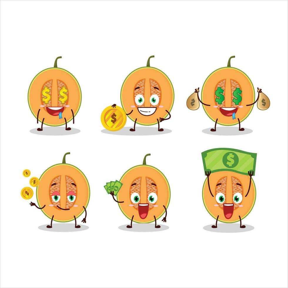 rebanada de melón dibujos animados personaje con linda emoticon traer dinero vector